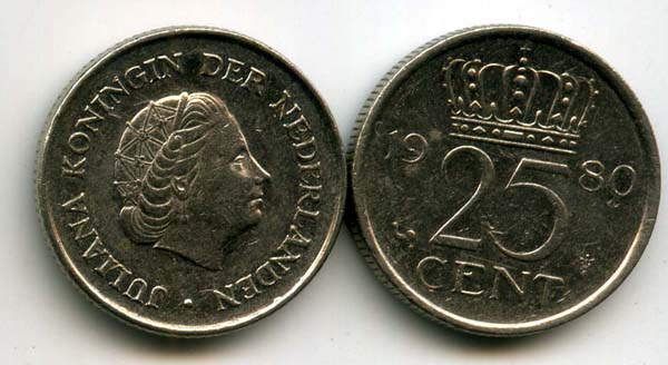 Монета 25 центов 1980г Нидерланды
