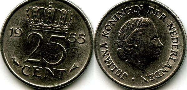 Монета 25 центов 1955г Нидерланды