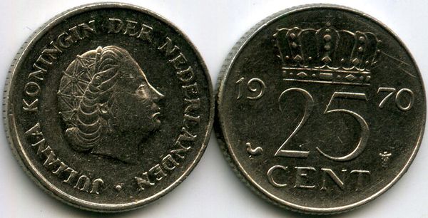 Монета 25 центов 1970г Нидерланды