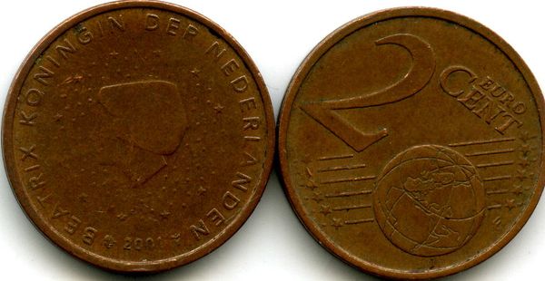 Монета 2 евроцента 2001г Нидерланды