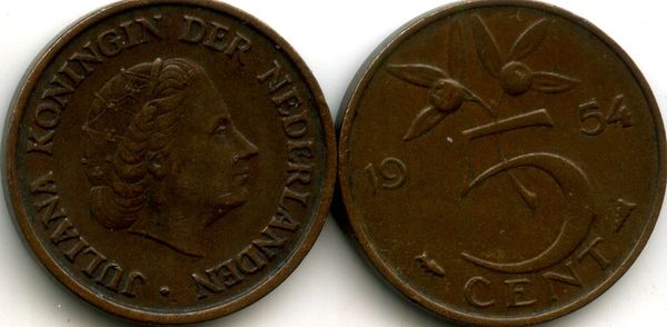Монета 5 центов 1954г Нидерланды