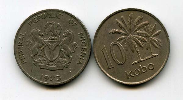 Монета 10 кобо 1973г Нигерия