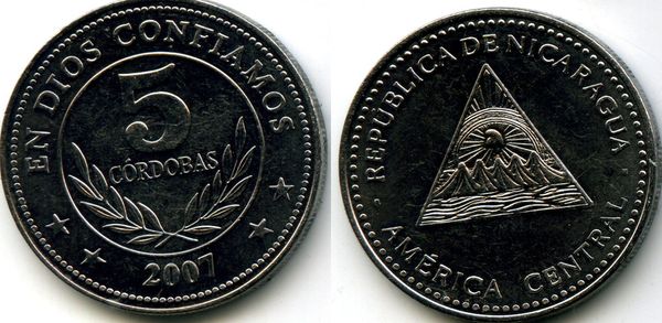 Монета 5 кордоба 2007г Никарагуа