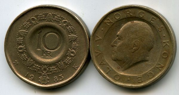 Монета 10 крон 1983г Норвегия