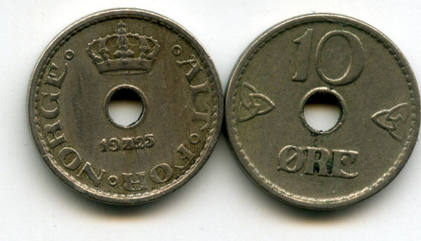 Монета 10 оре 1925г Норвегия