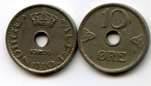 Монета 10 оре 1926г Норвегия