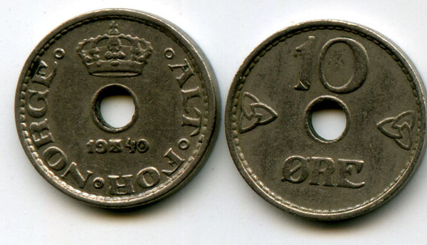 Монета 10 оре 1940г Норвегия