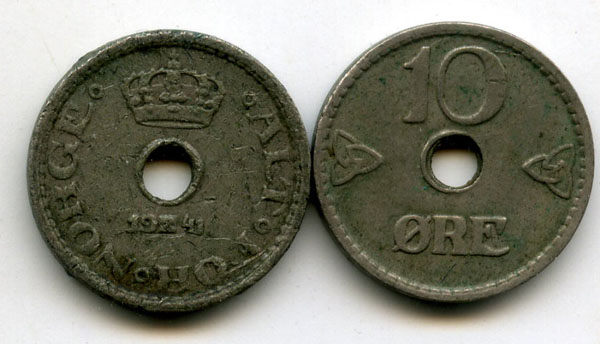 Монета 10 оре 1941г Норвегия