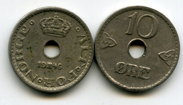 Монета 10 оре 1946г Норвегия