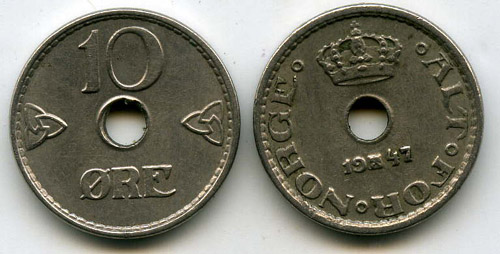 Монета 10 оре 1947г Норвегия
