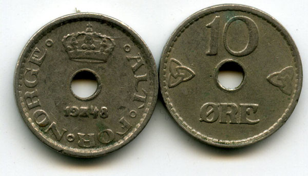 Монета 10 оре 1948г Норвегия