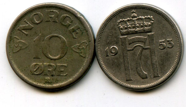 Монета 10 оре 1953г Норвегия