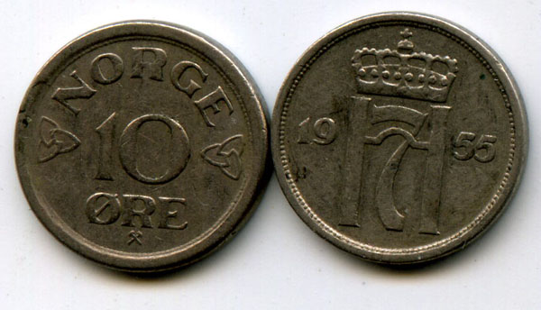 Монета 10 оре 1955г Норвегия