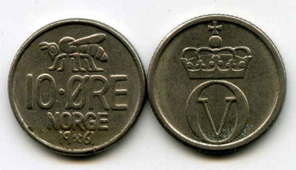 Монета 10 оре 1961г Норвегия
