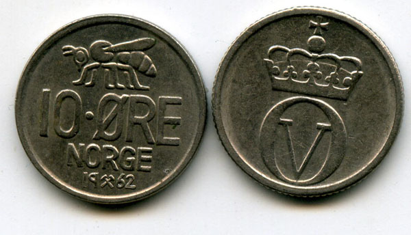 Монета 10 оре 1962г Норвегия