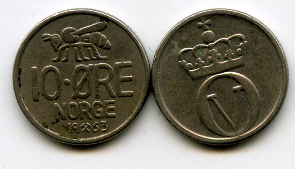 Монета 10 оре 1963г Норвегия
