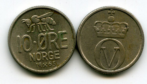 Монета 10 оре 1965г Норвегия