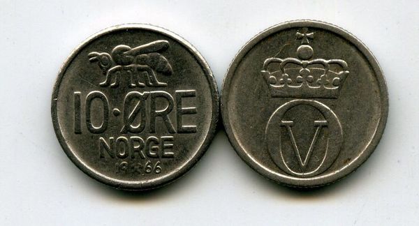Монета 10 оре 1966г Норвегия