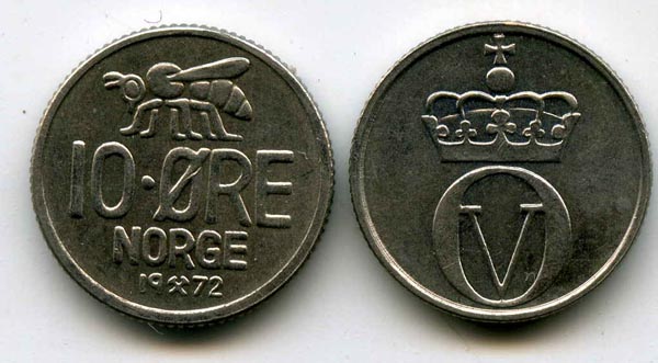 Монета 10 оре 1972г Норвегия