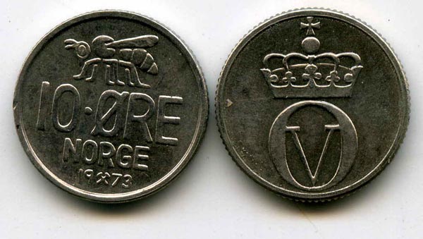 Монета 10 оре 1973г Норвегия