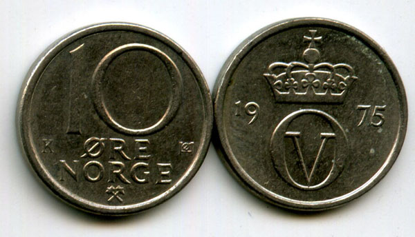 Монета 10 оре 1975г Норвегия