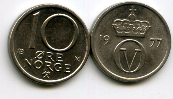 Монета 10 оре 1977г Норвегия