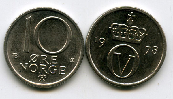 Монета 10 оре 1978г Норвегия