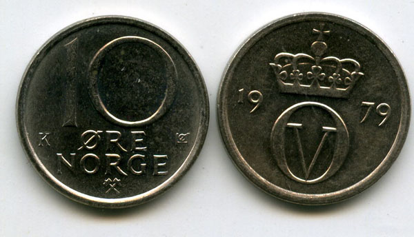 Монета 10 оре 1979г Норвегия