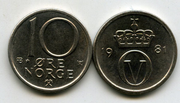 Монета 10 оре 1981г Норвегия