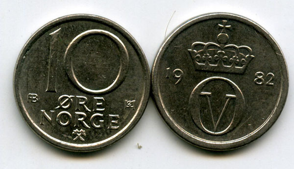 Монета 10 оре 1982г Норвегия
