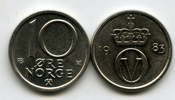 Монета 10 оре 1983г Норвегия