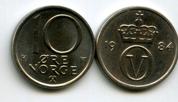 Монета 10 оре 1984г Норвегия