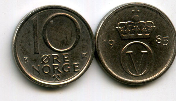 Монета 10 оре 1985г Норвегия