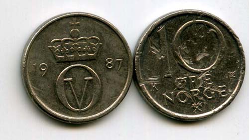 Монета 10 оре 1987г Норвегия