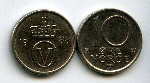 Монета 10 оре 1988г Норвегия