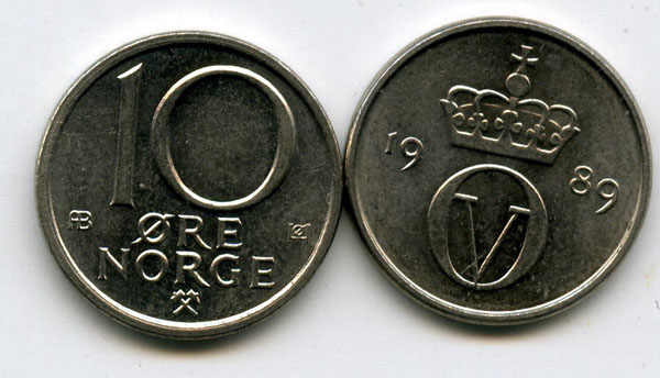 Монета 10 оре 1989г Норвегия