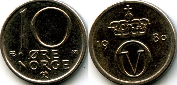 Монета 10 оре 1980г АВ звезда Норвегия
