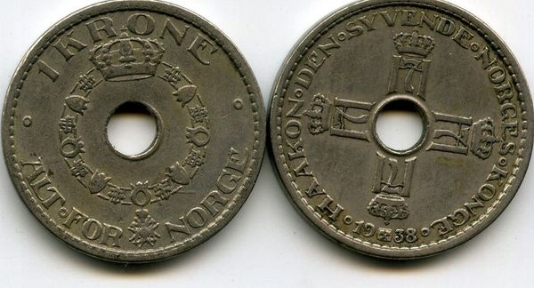 Монета 1 крона 1938г Норвегия