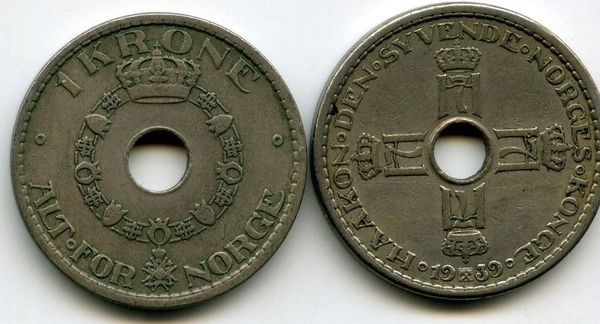 Монета 1 крона 1939г Норвегия