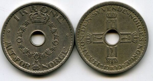 Монета 1 крона 1940г Норвегия