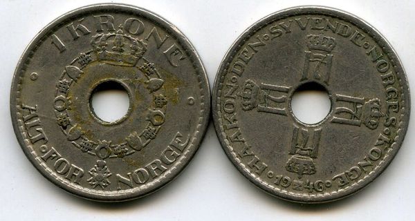 Монета 1 крона 1946г Норвегия
