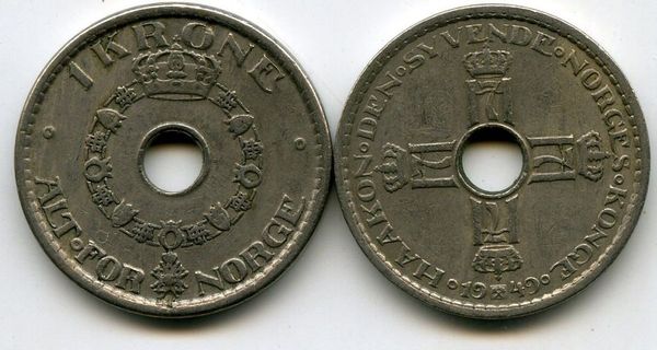 Монета 1 крона 1949г Норвегия
