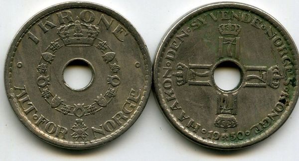 Монета 1 крона 1950г Норвегия