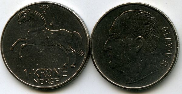 Монета 1 крона 1972г Норвегия