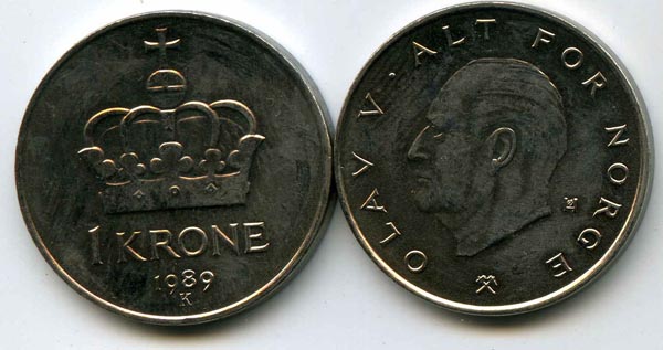 Монета 1 крона 1989г Норвегия
