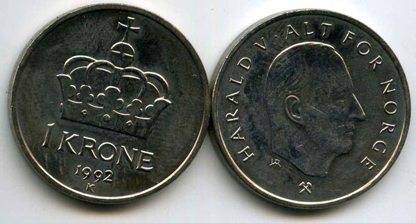 Монета 1 крона 1992г Норвегия