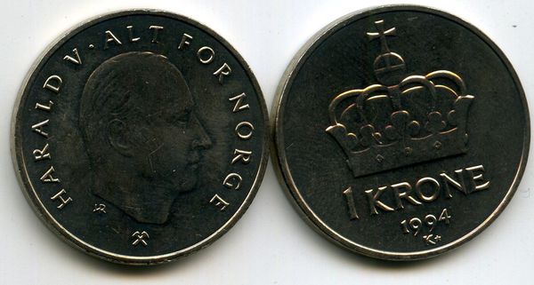 Монета 1 крона 1994г Норвегия