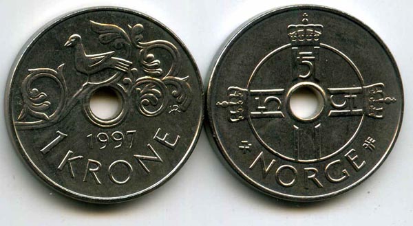 Монета 1 крона 1997г Норвегия
