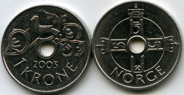 Монета 1 крона 2003г Норвегия
