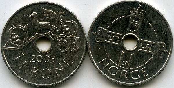 Монета 1 крона 2005г Норвегия